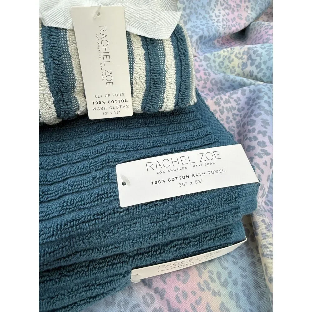Rachel Zoe Teal Blue Towel Set 8 Pc 100% Cotton Bath Hand Washcloth NWT